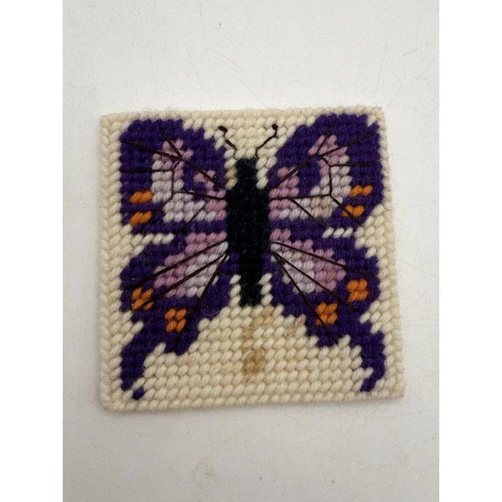 VTG 5 Butterfly Monarch + Handmade Plastic Canvas Coaster Sets w/ Basket Holder